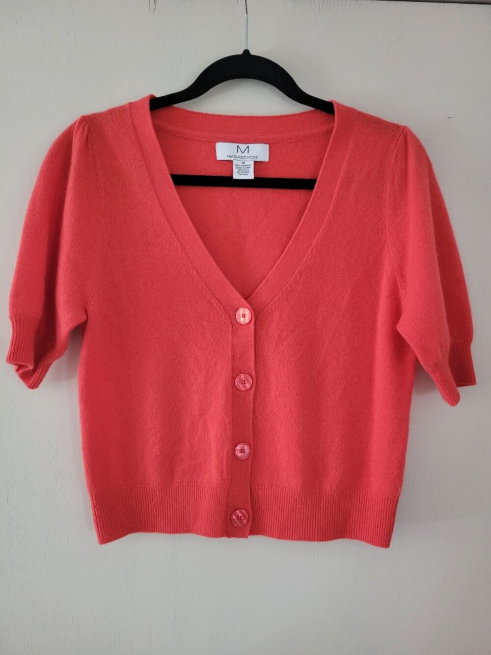 Magaschoni 100% Cashmere V-Neck Button Cardigan Coral Orange Short Sleeve M - Picture 2 of 9